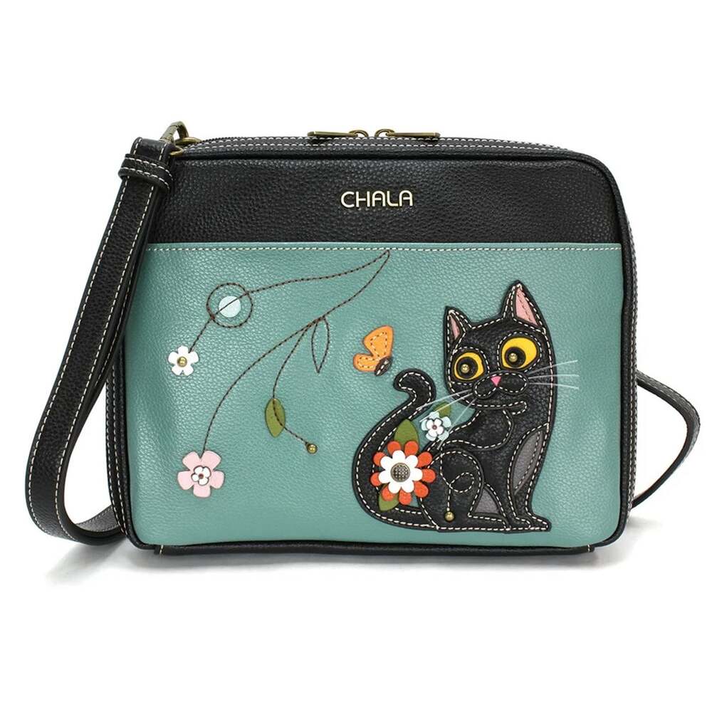 Chala Companion Organizer Crossbody Built-In Wallet - Black Cat, Teal NWT